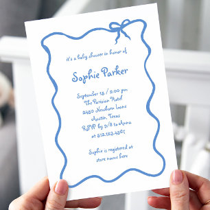  Illustrated French Bow White and Blue Baby Shower Invitation