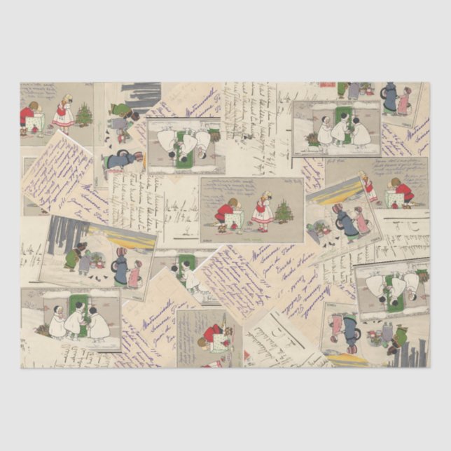 Illustrated French Postcards Christmas Children Tissue Paper (Front)