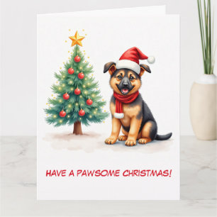 Illustrated German Shepherd and Christmas Tree Card