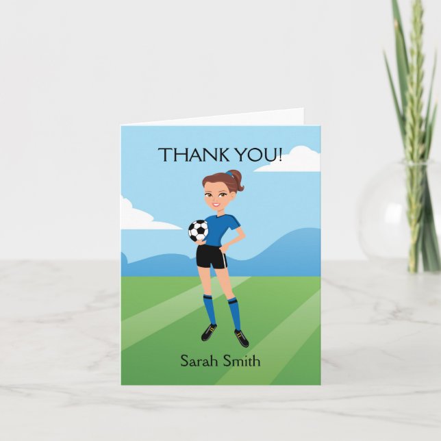 Illustrated Girl's Soccer Thank You Card (Front)