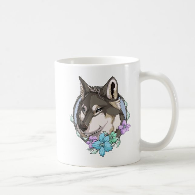 Illustrated Grey Wolf and Flowers Coffee Mug (Right)