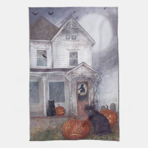Illustrated Halloween Hauted House with Black Cat Kitchen Towel