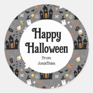 Illustrated Halloween Pattern with grey, black  Classic Round Sticker