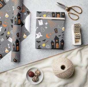 Illustrated Halloween Pattern with grey, black  Wrapping Paper