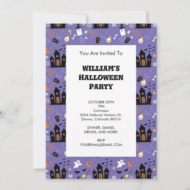 Illustrated Halloween Pattern with purple Invitation (Front)