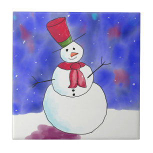 Illustrated Happy Snowman Christmas Tile