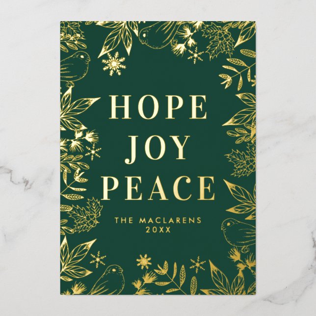 Illustrated Hope Joy Peace Green and Gold No Photo Foil Holiday Card (Front)