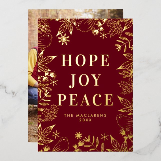 Illustrated Hope Joy Peace Red and Gold Photo Foil Holiday Card (Front/Back)