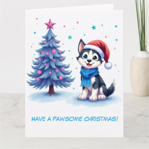 Illustrated Husky and Christmas Tree Card