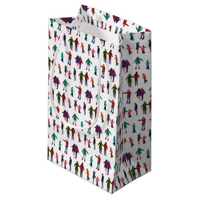 Illustrated Ice Skaters Winter Holiday Christmas Small Gift Bag (Front Angled)