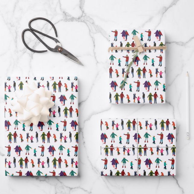Illustrated Ice Skaters Winter Holiday Christmas Wrapping Paper Sheet (Front)