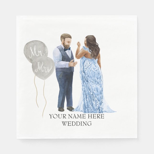  Illustrated Interracial Couple Wedding Napkins (Front)