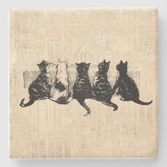 Illustrated Kittens with Tan Script Background Stone Coaster (Front)