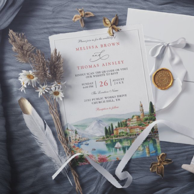 Illustrated Lake Como Italy Modern QR Code Wedding Invitation (Creator Uploaded)