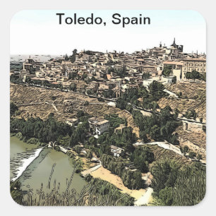 Illustrated Landscape Art of Toledo, Spain Square Sticker
