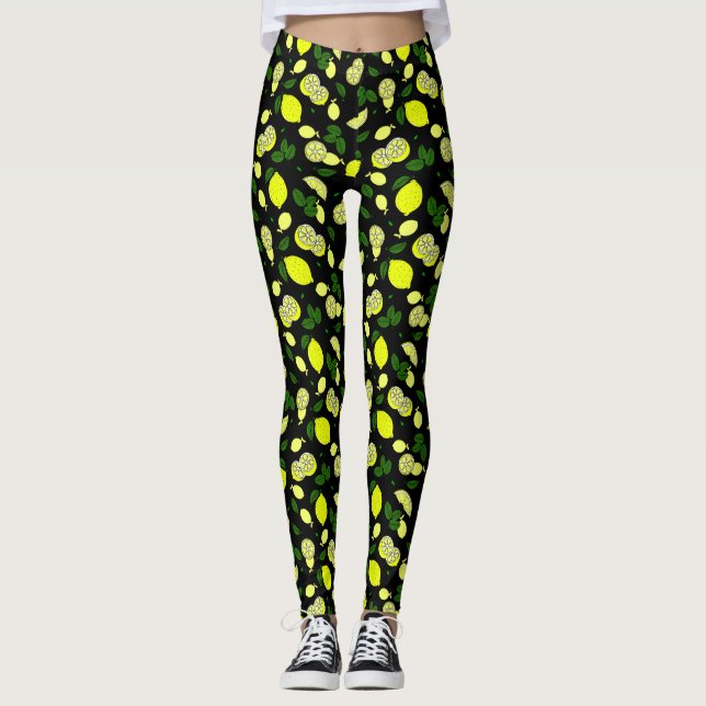 Illustrated Lemons Leaves Modern Summer Pattern Leggings (Front)
