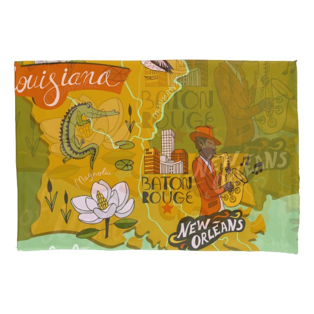 Illustrated Louisiana map: travel highlights. Pillowcase (Front)