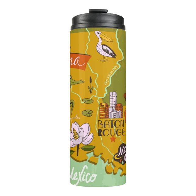 Illustrated Louisiana map: travel highlights. Thermal Tumbler (Front)