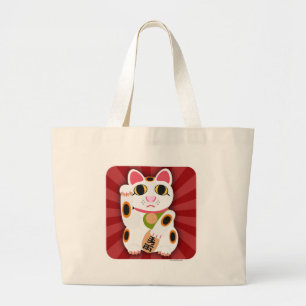 Illustrated Lucky Cat Cartoon Character Design Large Tote Bag