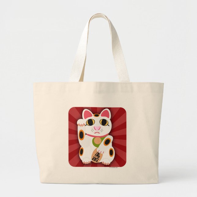Illustrated Lucky Cat Cartoon Character Design Large Tote Bag (Front)