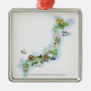 Illustrated map of ancient Japan Metal Ornament