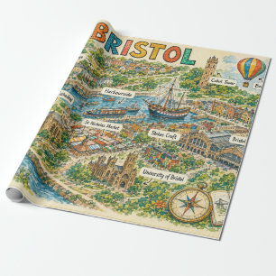 Illustrated Map of Bristol Landmarks Wrapping Paper