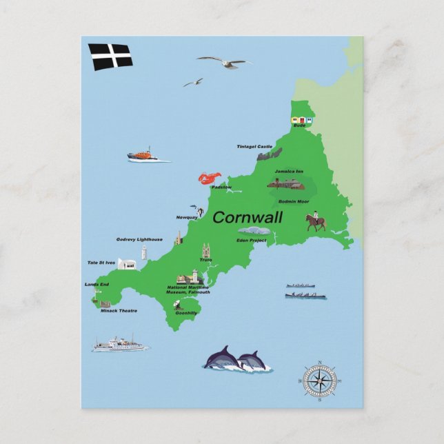 Illustrated map of Cornwall Postcard (Front)