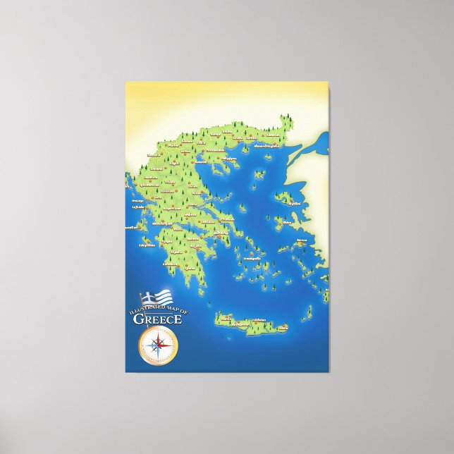 Illustrated Map Of Greece. Canvas Print (Front)