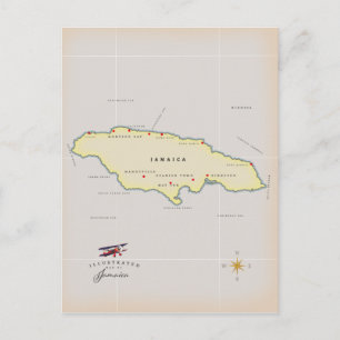 Illustrated map of Jamaica. Postcard
