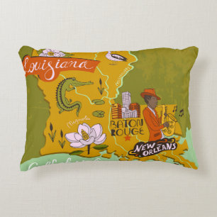 Illustrated map of Louisiana, USA. Travel and attr Accent Pillow