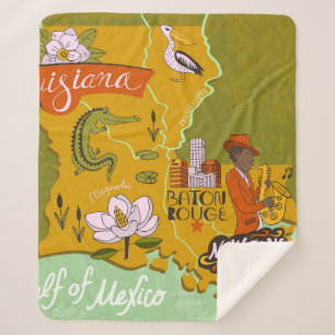 Illustrated map of Louisiana, USA. Travel and attr Sherpa Blanket