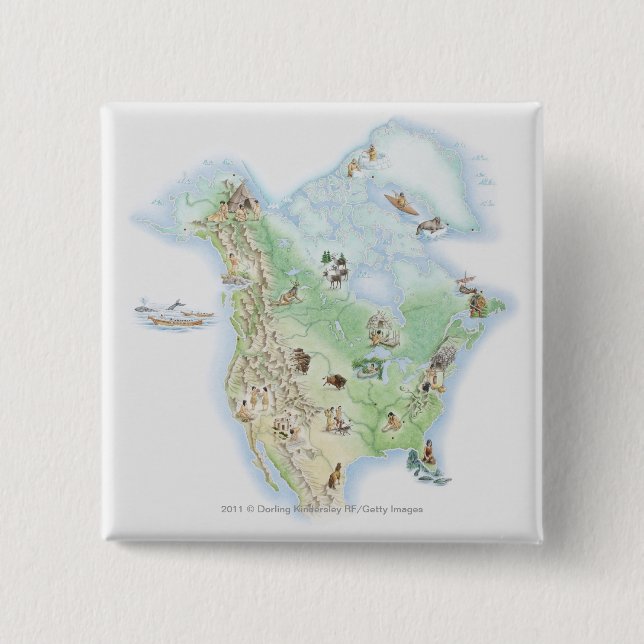Illustrated map of North America 2 Inch Square Button (Front)