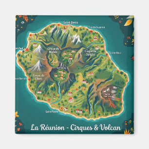 Illustrated Map of Reunion Island - Cirques & Volc Magnet