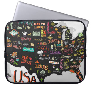 Illustrated map of the USA. Poster with states and Laptop Sleeve