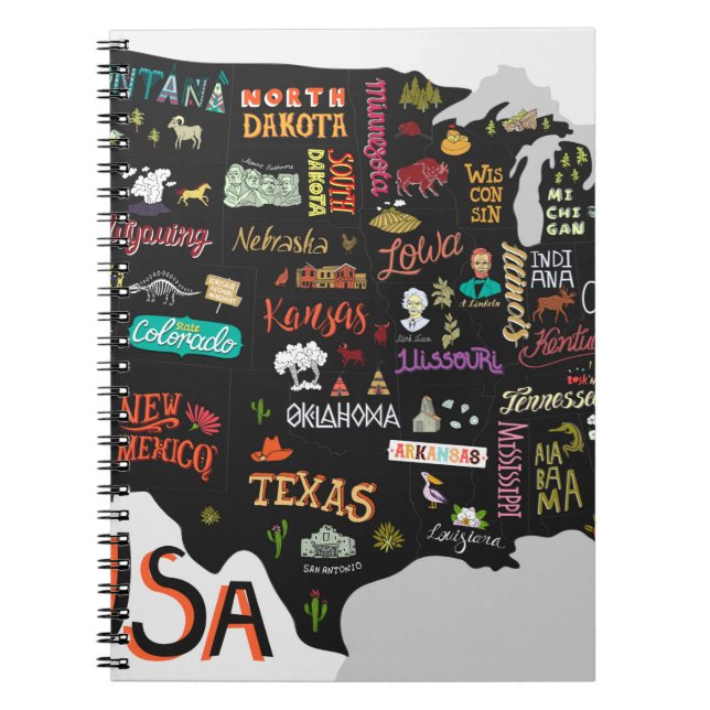 Illustrated map of the USA. Poster with states and Notebook (Front)
