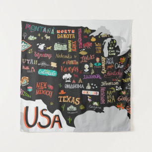 Illustrated map of the USA. Poster with states and Tapestry