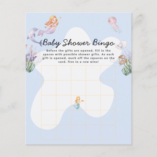 Illustrated Mermaid Baby Shower Bingo Game (Front)