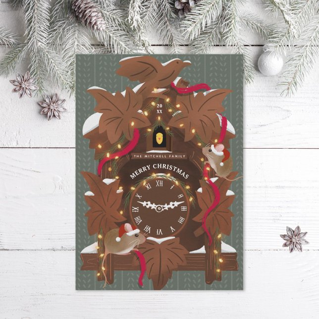 Illustrated Mice on Christmas Cuckoo Clock Holiday Card (Creator Uploaded)