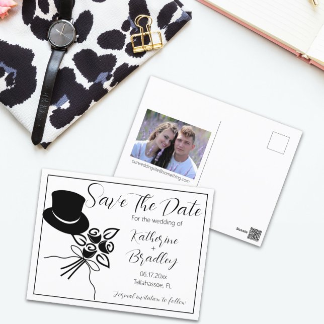 Illustrated Minimalist B/W Script Save the Date Postcard (Creator Uploaded)