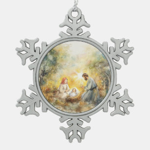 Illustrated Nativity Scene Snowflake Pewter Christmas Ornament
