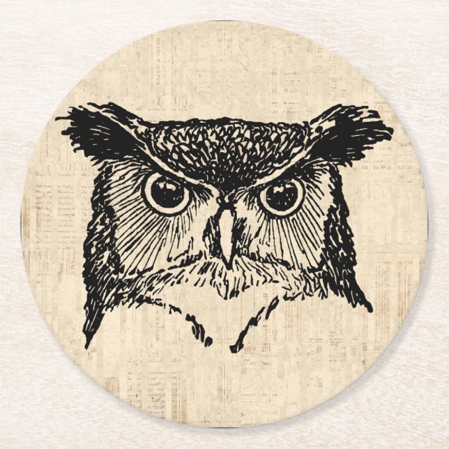 Illustrated Owl Art Round Paper Coaster (Front)