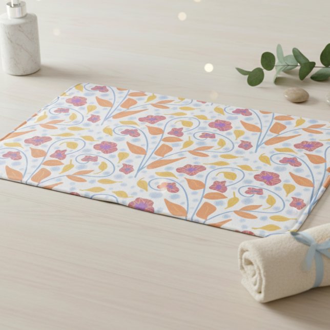Illustrated Pastel Flowers & Leaves Bath Mat (Cute comfort for your toes and your aesthetic. Hand drawn fantasy flowers, perfectly feminine.)