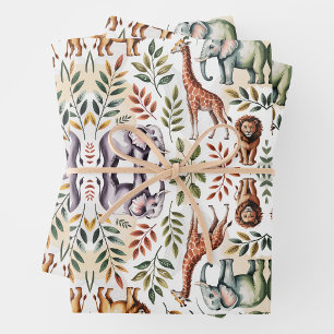 Illustrated pattern featuring elephants, lions wrapping paper sheet