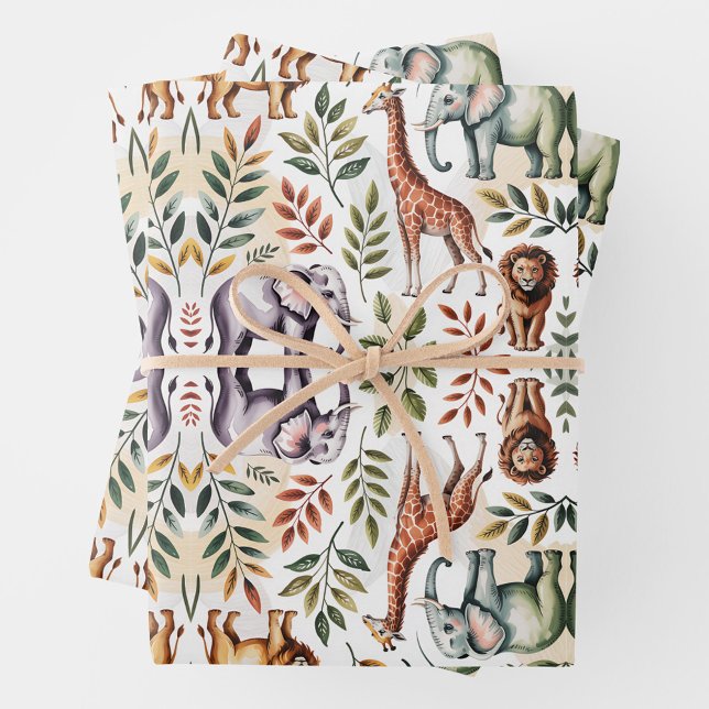 Illustrated pattern featuring elephants, lions wrapping paper sheet (Creator Uploaded)