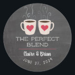 Illustrated Perfect Blend Heart Mugs Favour Classic Round Sticker<br><div class="desc">A sweet pair of illustrated steaming mugs of rich dark coffee,  tea or hot chocolate decorate this charming shower or wedding favour sticker. Personalize all text including the for a truly one of a kind label.</div>