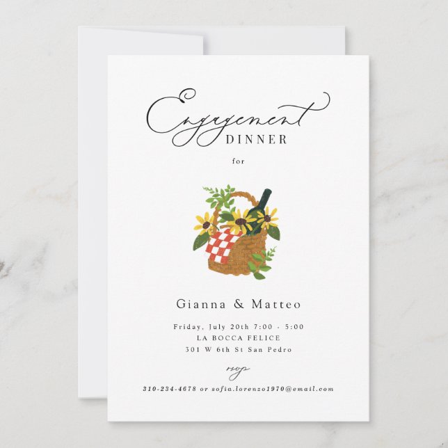Illustrated Picnic Basket Engagement Dinner Party  Invitation (Front)