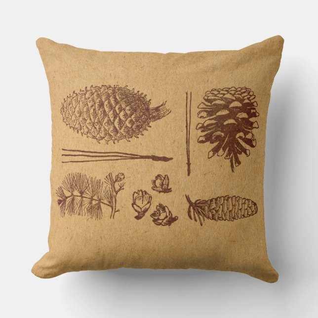 Illustrated Pine Cones Vintage Pinecone Art Throw Pillow (Front)
