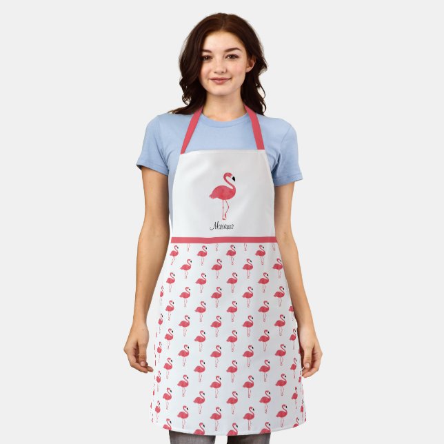 Illustrated Pink Flamingo Bird Animal Pattern Name Apron (Worn)
