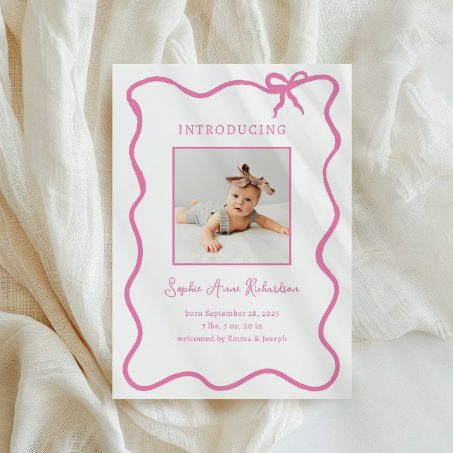  Illustrated Pink French Bow | Baby Birth Announcement (Creator Uploaded)