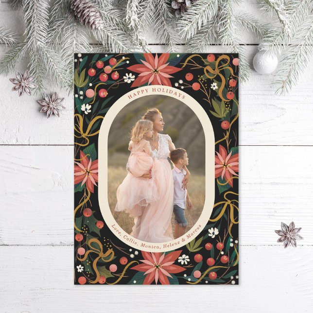 Illustrated Poinsettias Gold Ribbon Photo Holiday Card (Creator Uploaded)